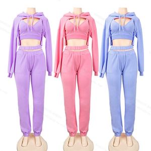 <b>Women</b> Hoodies and Pants Set Custom <b>Women</b> Biker <b>Shorts</b> Set Matching <b>Long</b> Sleeve Crop Top and Drawstring <b>Shorts</b> Two Piece Set - Product Image 1