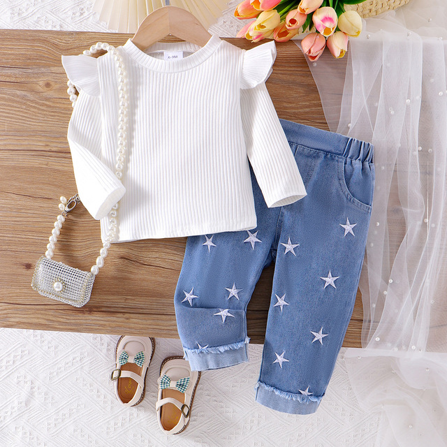 Autumn Girls Clothing Set Children Baby Star Printed Suit Newborn Girl White Top Jeans Clothes Sets