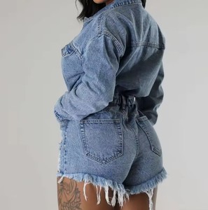 ¡Novedad de 2024! Mono corto con cuello vuelto, mono ajustado elástico, Mono vaquero con cintura rasgada - Product Image 3