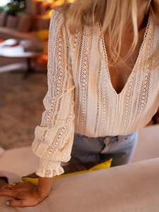 <strong>White</strong> Crochet Lace V Neck Blouse Puff Ruffle Sleeve <strong>Boho</strong> <strong>Top</strong> for Women Casual Loose Fit Vintage Style Womens Casual Lace <strong>Top</strong> - Product Image 4