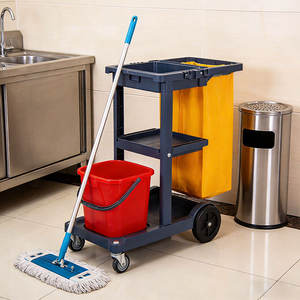 Slip Plastic Heavy Duty 3-Shelf Cleaning Service Cart Door Lock 300 lb Capacity Black Hotel Mall Janitorial <b>Trolley</b> Shelves - Product Image 6