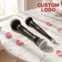 Kundenspezifisches Logo Großhandel 2-teiliges Doppelendiges Schwarzes Make-up Pinsel Set mit Synthetikhaar Aluminiumhülse Holzgriff Kosmetikwerkzeug