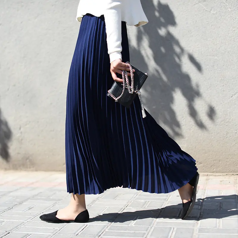2022 High Quality Women Lady Pleated with Lining Long Skirt Dress New Arrival Plus Size Elastic Waist Solid Color Maxi Skirt