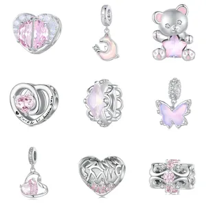 Jiang Yuan Wholesale Charm High Quality 925 Sterling Silver Pink Color Heart Pendant Charms for Jewelry Making