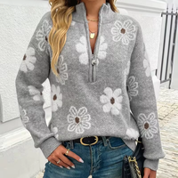 Pull en maille fleuri respirant pour femme avec col roulé zippé et broderie marguerite – Haut décontracté et confortable pour le printemps