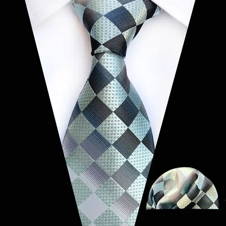 Gift Box Polyester Fashion Luxury Cufflinks Checked Jacquard Mens Tie Set With Pocket Square