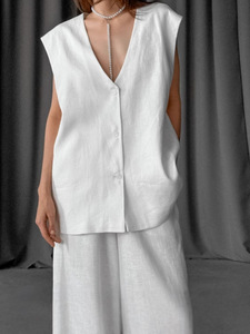 Conjunto de Dos Piezas de Estilo Urbano Moderno: Chaleco sin Mangas de Color Sólido con Cintura Baja en V y Detalle Trenzado, Combinado con Pantalones Anchos de Pierna Ancha - Product Image 3
