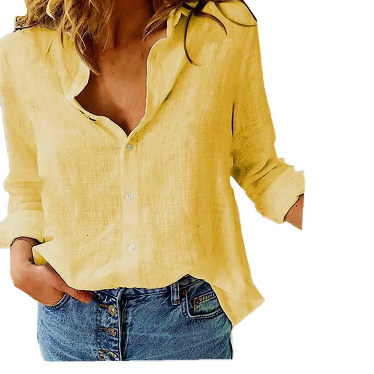 European And American Summer Solid Color Shirt Women's Casual Loose Tops Long Sleeve Linen Breathable Shirt