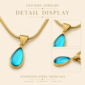 Collier en acier titane couleur or avec pierre bleue en forme de larme et chaîne serpent - Product Image 3