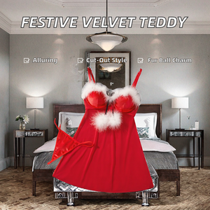 2025新款圣诞镂空天鹅绒网纱泰迪紧身衣内衣套装性感睡衣毛球女式 - Product Image 2