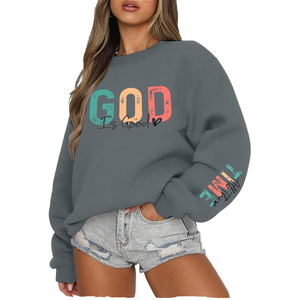 Sweat-shirt surdimensionné à col rond pour femme, imprimé « God Is Good », épaules tombantes, manches longues, en coton tricoté, pour l'automne - Product Image 1