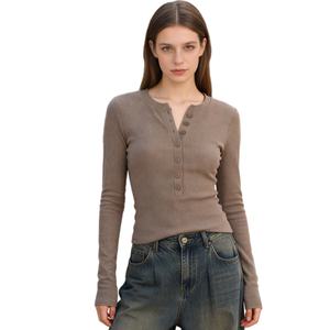 Chemise en tricot côtelé Y2K à boutons, mode printemps, prix bas, TKAN1029D, t-shirt décontracté en coton uni à manches longues pour femme - Product Image 1