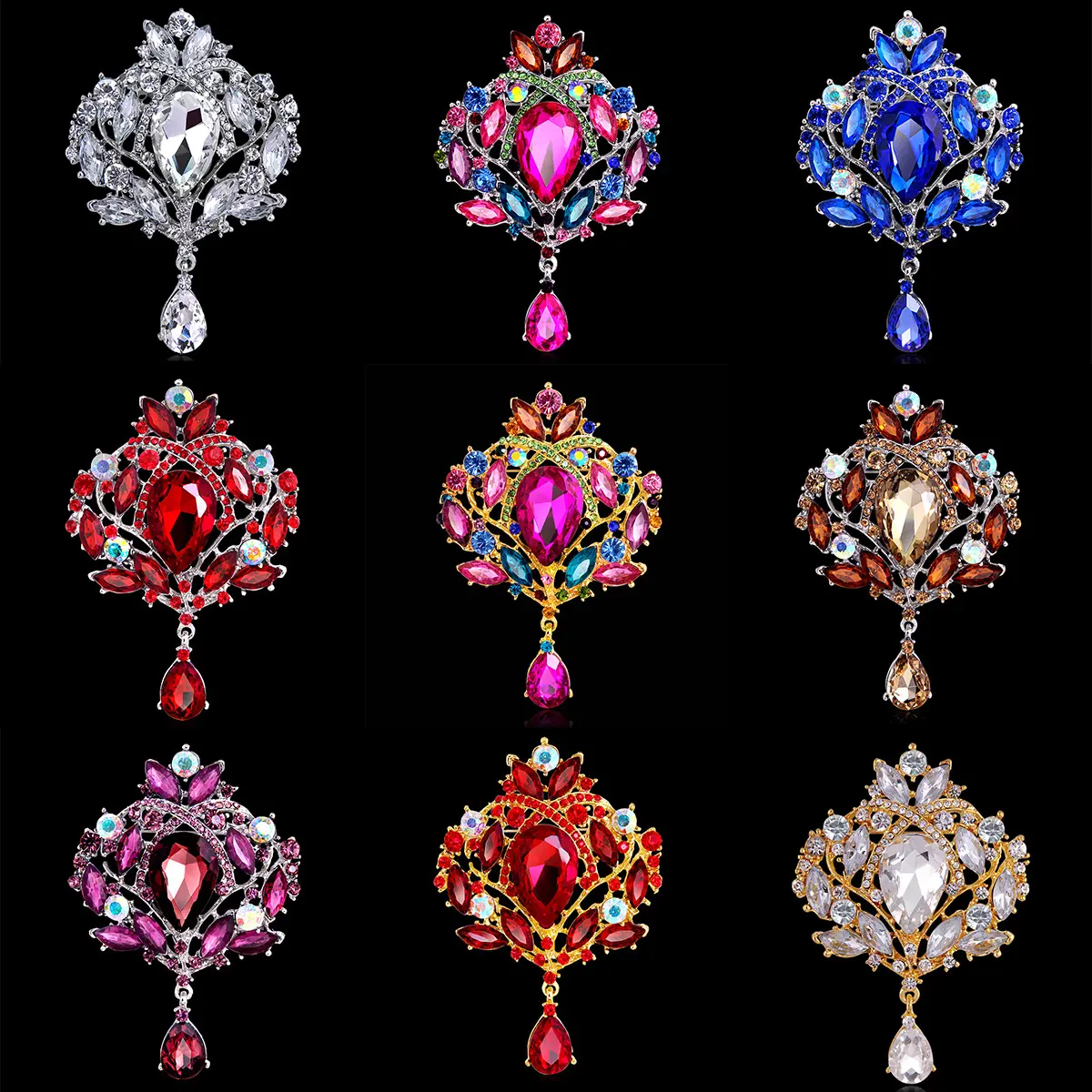 Broche para flores, joias vintage de luxo de liga austríaca, cristais, strass, broche coroa, pingente de diamante