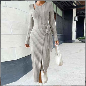 Frauen Temperament einfarbig Rundhals ausschnitt Langarm Taille Freizeit kleid - Product Image 6