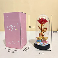 Lampe en dôme en plastique avec rose en feuille d'or 24 carats et couple d'ours, lumière féerique LED, cadeau d'anniversaire de Noël avec boîte cadeau rose