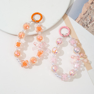 Porte-clés Kawaii en perles acryliques AB, dragonne anti-perte pour téléphone, avec nœud mignon et fleur, cordon de poignet coloré pour filles - Product Image 3