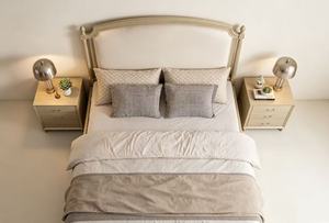 Premium Queen Size Light Wood Spindle <b>Bed</b> With Beige Upholstered Arched Carved Headboard For French Country Bedroom - Product Image 4