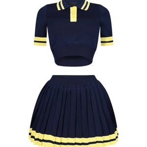 ชุดกระโปรงผู้หญิงแบบกำหนดเองสำหรับฤดูร้อนปี 2025 ชุดแฟชั่นกระโปรงจีบลายทางและเสื้อคอปกโปโล ชุดสองชิ้นสำหรับผู้หญิง - Product Image 6