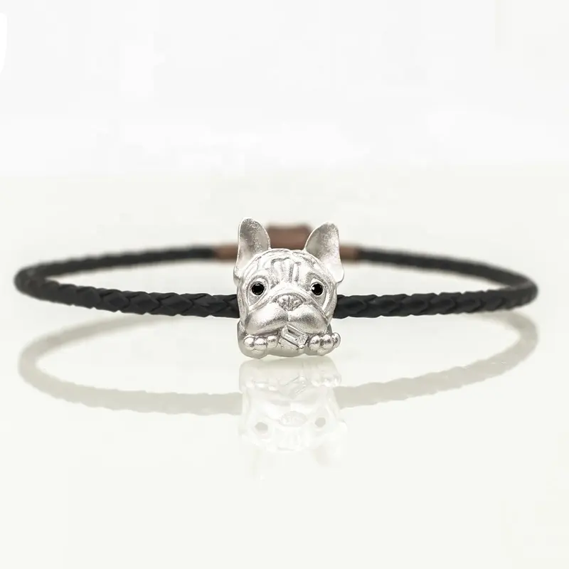 Designer Fine Jewelry Ródio 925 Sterling Silver Couro Tecido Preto Moissanite Puppy Bulldog Dog Charm Bracelet Para As Mulheres