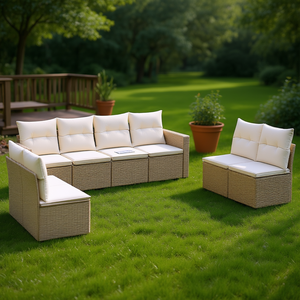 Ensemble de canapés de jardin beige en rotin, 6 places, mobilier d'extérieur, design contemporain - Product Image 2