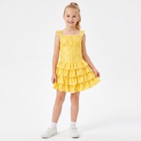 Robe d'été jaune à sequins smockée à volants superposés et œillets pour petite fille, col carré sans manches, vente en gros pour tout-petits