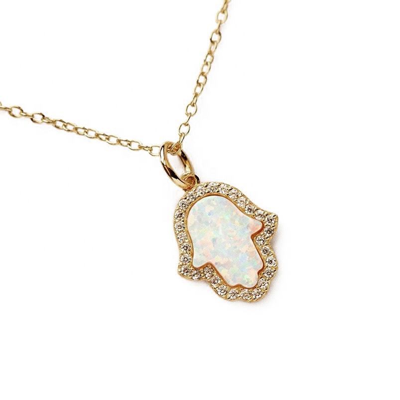 Gemnel 925 Silver 14k Gold Zircon Hamsa Hand Opal Necklace for