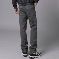 Pantalon cargo pour homme à boutons-pression latéraux, gris délavé vintage, avec double panneau de genou, poches à rabat, coupe droite, logo personnalisé