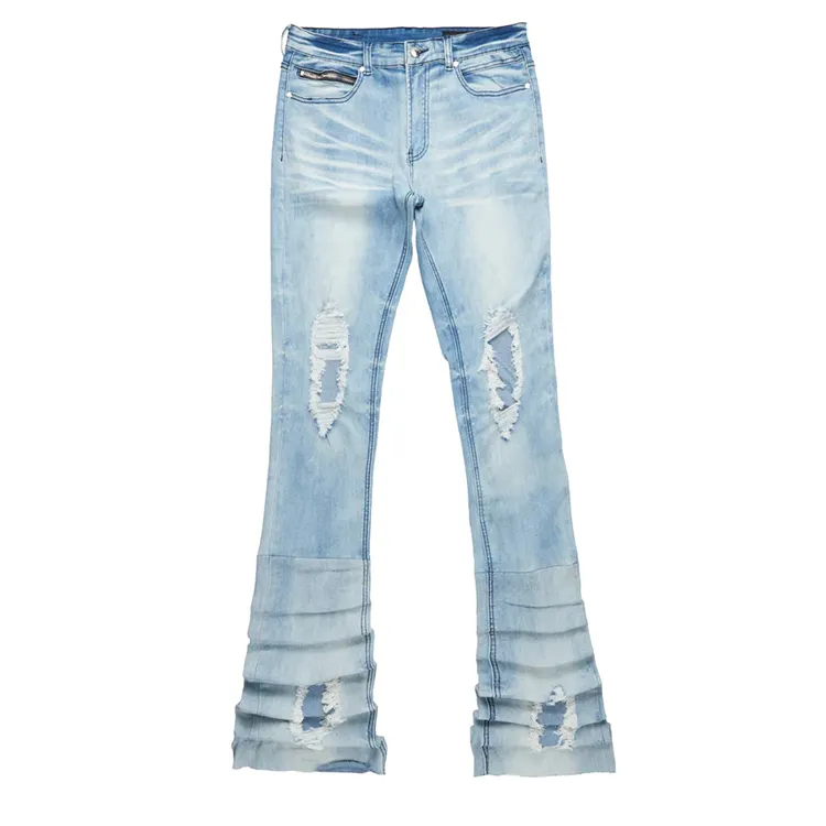 High street trendy manufacturer wholesale vintage wash distressed denim pants men custom extended stacked jeans flare