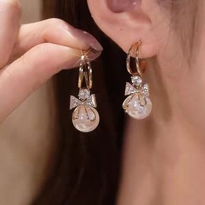New Sweet Imitation Pearl Drop S925 Silver <b>Post</b> C-shaped Diamond Rhinestone <b>Earring</b> Lady Korean Design Fashionable Bow <b>Earrings</b> - Product Image 1