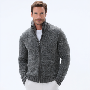 <strong>Men's</strong> Luxury Design Full Zip <strong>Cardigan</strong> <strong>with</strong> Fur Collar and <strong>Pockets</strong> Knitted Thin Autumn/Winter ODM Supply Patterned Letter - Product Image 1