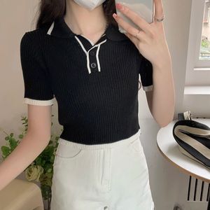 Pull décontracté d'été pour femme en viscose à col rabattu et bouton unique, respirant, anti-boulochage, à manches courtes et doux – Vente en gros - Product Image 6