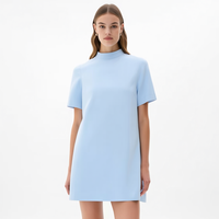 Nouvelle Robe Mini Femme Élégante d'Été en Crêpe Structuré Bleu Poudré à Col Montant et Manches Courtes, Coupe Trapèze Minimaliste Personnalisée