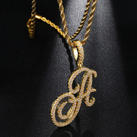 Collier avec pendentif en lettres cursives serties de pierres, alphabet en zircon cubique, couleur or ou argent, charmes hip-hop, bijoux