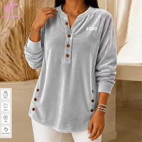 Sweat-shirt décontracté à col en V, manches longues, couleur unie, en velours doux et chaud pour femmes, taille plus, avec logo personnalisé Loveda