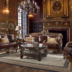 Set Sofa Ruang Tamu Antik Kayu Ukir Mewah Eropa, Kayu Solid Ukiran Italia, Sofa Kulit Asli - Product Image 1