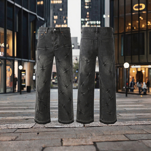 Jeans droits de haute qualité pour hommes, denim effiloché, personnalisés, streetwear vintage, noir délavé, imprimé hiver automne - Product Image 3