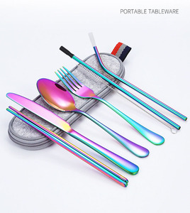 Kunden spezifisches Logo Reise utensilien Wieder verwendbares tragbares Reisebesteck-Set 7-teilig inklusive Messer gabel Löffel Essstäbchen Stroh bürste - Product Image 2