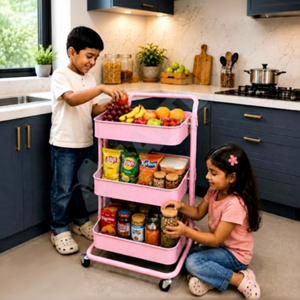 Pink Three-Layer Metal Storage Cart With Wheels For Kitchen Organization Modern Utility <b>Trolley</b> - Product Image 4