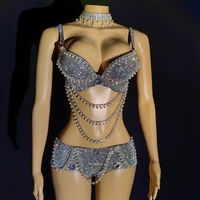 Bikini à franges et perles sexy, ensemble de 2 pièces, tenue de strip-teaseuse, vêtements de danse, ensemble de bikini à strass pour femmes