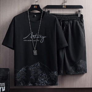 Ensemble deux pièces sport décontracté pour homme, nouveau t-shirt uni à manches courtes, style coréen, coupe ajustée, grande taille, motif <span class=keywords><strong>Montagne</strong></span> enneigée - Product Image 2