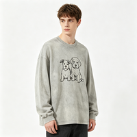 Sweat-shirt gris clair délavé à col rond, imprimé graphique vintage chien chiot Kornit DTG, coupe oversize ample, style streetwear