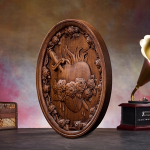 Plaque ovale <span class=keywords><strong>en</strong></span> <span class=keywords><strong>bois</strong></span> Immaculate Heart of Mary, disque <span class=keywords><strong>en</strong></span> relief sculpté à la main avec couronne de roses, décoration murale dévotionnelle catholique - Product Image 3