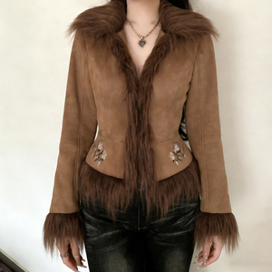 Women's <b>Winter</b> Woven Suede Jacket Eco-Friendly Breathable Vintage Floral Embroidery Color Block Faux Fur Patchwork Warm Casual - Product Image 1