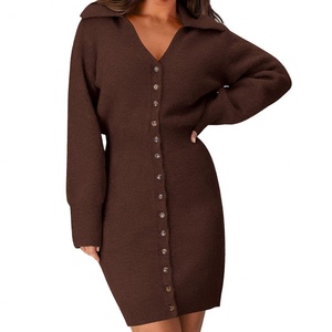 Robe pull femme sur mesure OEM de haute qualité, à col à revers, unie, en tricot, pour l'automne et l'hiver, vente en gros - Product Image 2