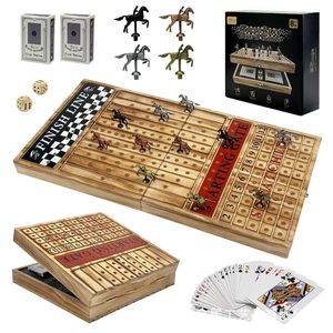 Jeu de course de chevaux en bois pliable, en bois naturel, portable, pour 2 joueurs, avec dés, cartes, jetons et pions - Product Image 4