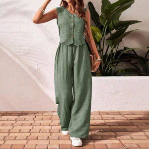 Women's Green <b>Linen</b> Jumpsuit Sleeveless V-Neck Button Front Wide Leg Casual Summer <b>Set</b> For Europe America Southeast Asia - Product Image 1