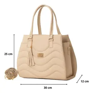 Sac à main beige pour femme Fana Alissa M3767 en cuir Saffiano, grande capacité, fermeture ouverte, deux poignées, usage quotidien décontracté - Product Image 4