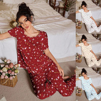 Pyjama ample pour femme, style européen et américain, à fleurs, manches courtes, respirant, extensible, côtelé, vêtements de détente