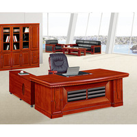 Bureau de direction vintage en forme de L en MDF avec armoire latérale de rangement, bois classique acajou pour directeur, président, PDG, patron