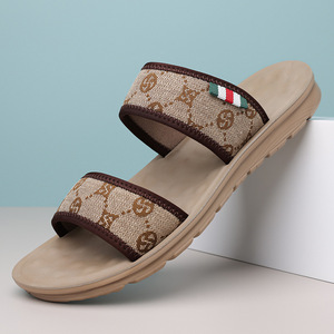 Men's Summer Casual <b>Slides</b> Lightweight Beach Sandals Korean Style Slip-On Shoes Gray Brown Youth Trendy Embossing Logo - Product Image 1